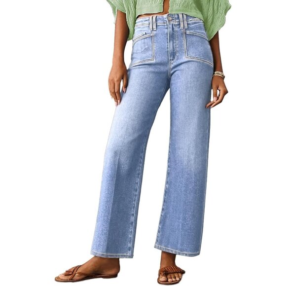 Denim - Women's High Waist Wide Leg Stretchy Denim Jeans with Pockets for Casual Wear